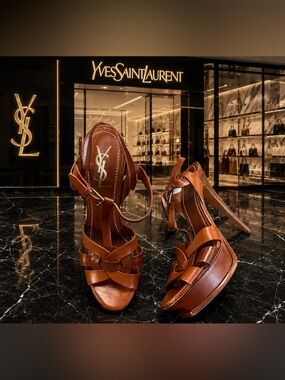 YVES SAINT LAURENT TRIBUTE
BROWN Leather Platform Sandal 37 1/2 GUC AUTHENTIC